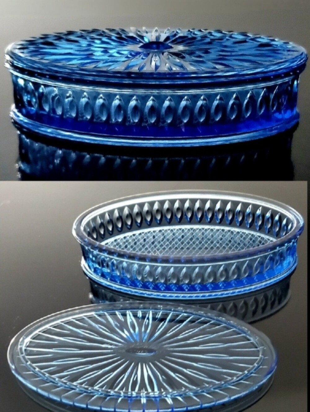 7 1/4" x 4" Oval Exquisitely Detailed Blue Glass Trinket Box With Lid 2011 - Picture 15 of 15